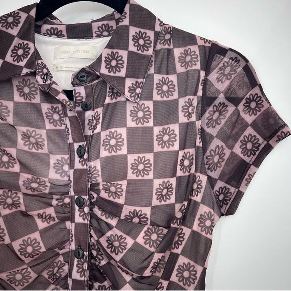 Urban Outfitters Riko Mesh Button Front Mini Dress Ruched Floral Bodycon XS - Picture 6 of 13